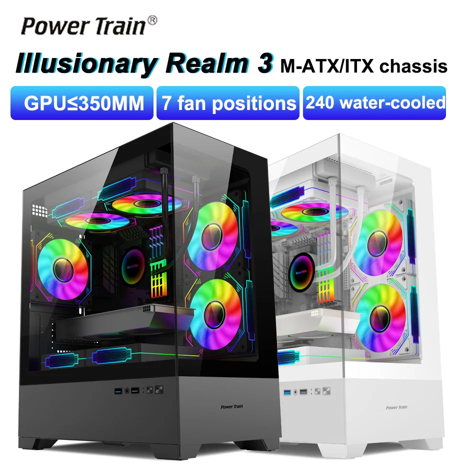 Power Train Illusionary Realm 3 M-ATX Desktop Case Support 350mm GPU 240 Water Cooler Side Transparent Computer Chassis PC Case PC Chassis Computer Chassis Frame