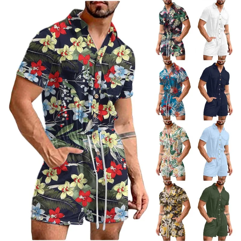 Summer Casual Men's Jumpsuit Solid Safari Style Men's Sets Single Breasted Lapel Short Sleeved Lace Up Shorts Suit glossy back zipper anime jumpsuit tights cosplay costume carnival party club playsuit women props sets with gloves