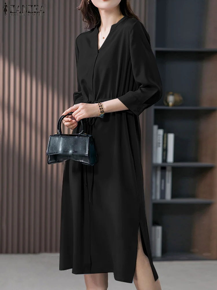 

ZANZEA Autumn Fashion OL Dress Casual Drawstring Waist Robe Female Elegant Work Dresses Woman 3/4 Sleeve V-Neck Solid Vestidos