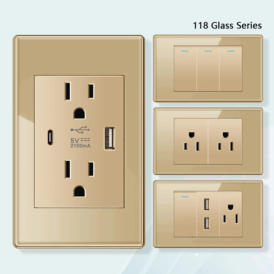 American Standard Dual Wall Usb Plug Sockethousehold Outlet Adapter Tipo-c Carregamento Rápido Interruptor de Luz de Vidro Temperado México Eua