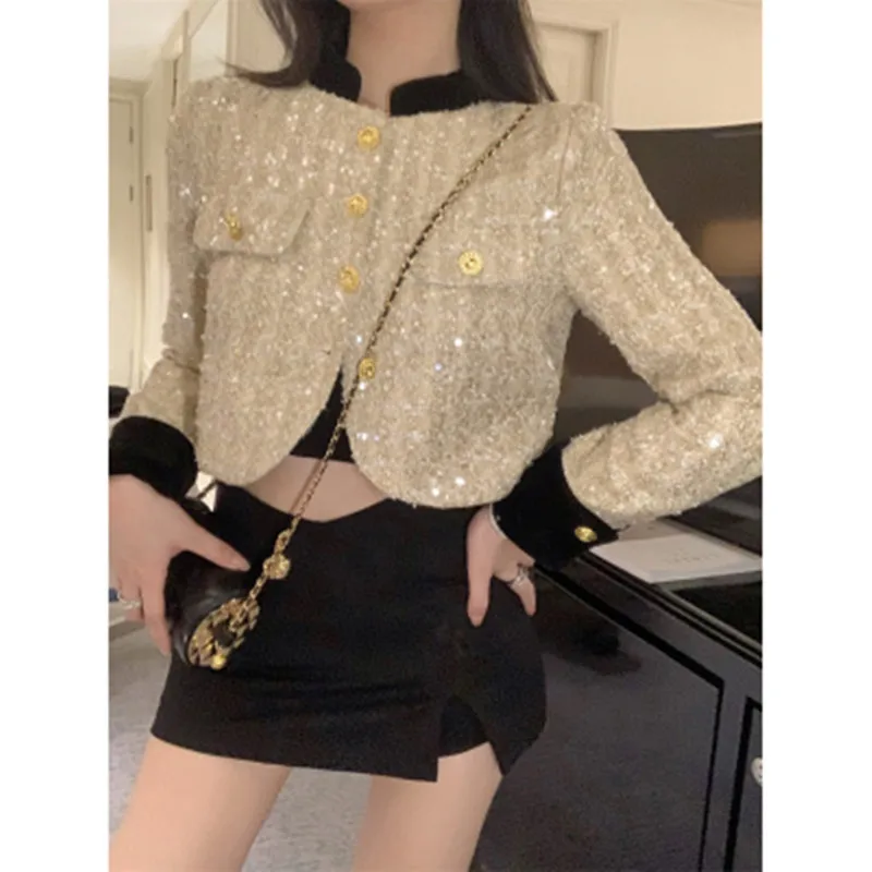 

High Quality French Vintage Small Fragrant Tweed Jacket Coat Women's Heavy Sequins Elegant Coat Jacket Casaco Outwear