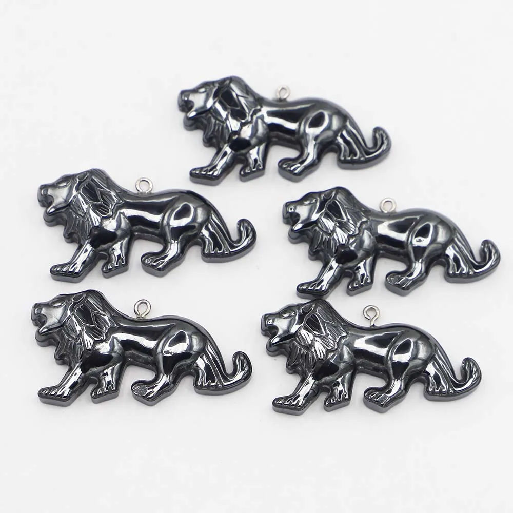 Nature Stone Hematite Carve Lion Pendant Hip Hop Punk Bead  Charms Metal Necklace DIY Making Jewelry Accessories Wholesale 12Pcs