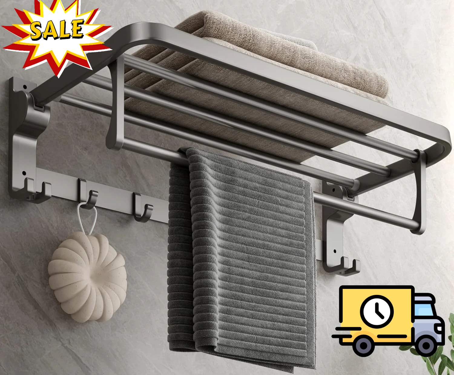 Bathroom Towel Rack with Towel Bar andHooks 23.6 inFoldable Shelf Wall Mounted Lavatory Organizer Modern Gray Finish
