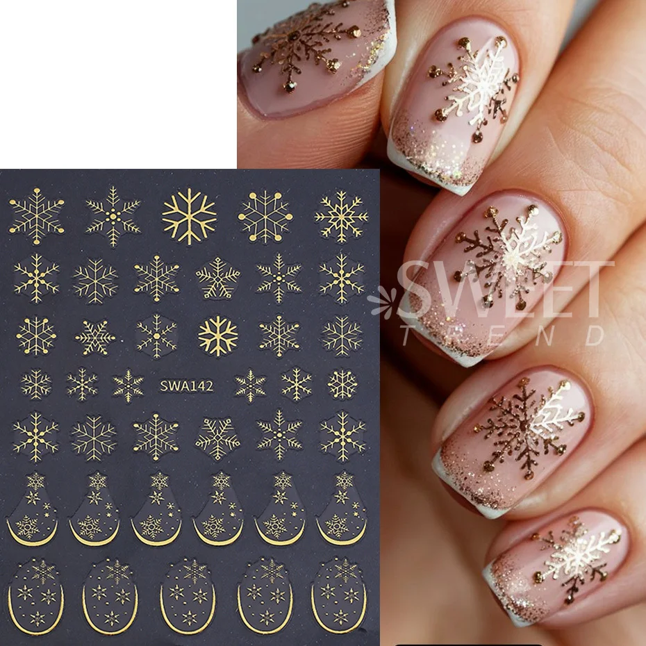 3pcs Christmas Nail Art Stickers White Gold Blue Snowflake French Line Design Decals DIY Self-Adhesive New Year Manicure Decor