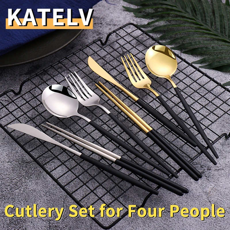 Cutlery Set 12-16 Pcs Korean Dinnerware Black Gold Cutlery Chopsticks Knife Fork Spoon Golden Stainless Steel Luxury Tableware