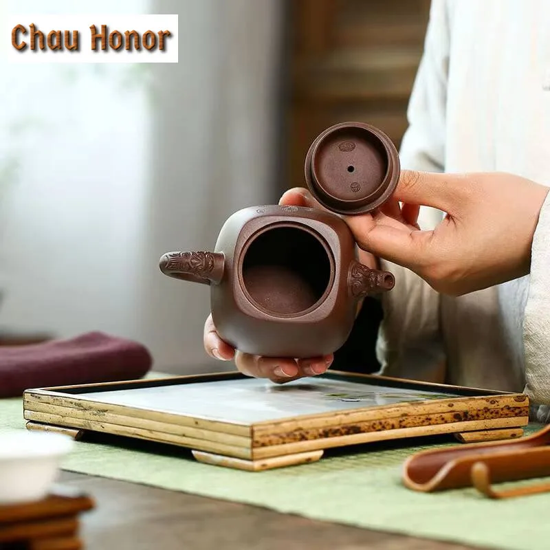 280ml Yixing Raw Ore Purple Mud Handmade Carving Ssangyong Zisha Teapot Household Chinese Kung Fu Teaset Tea Ceremony Drinkware