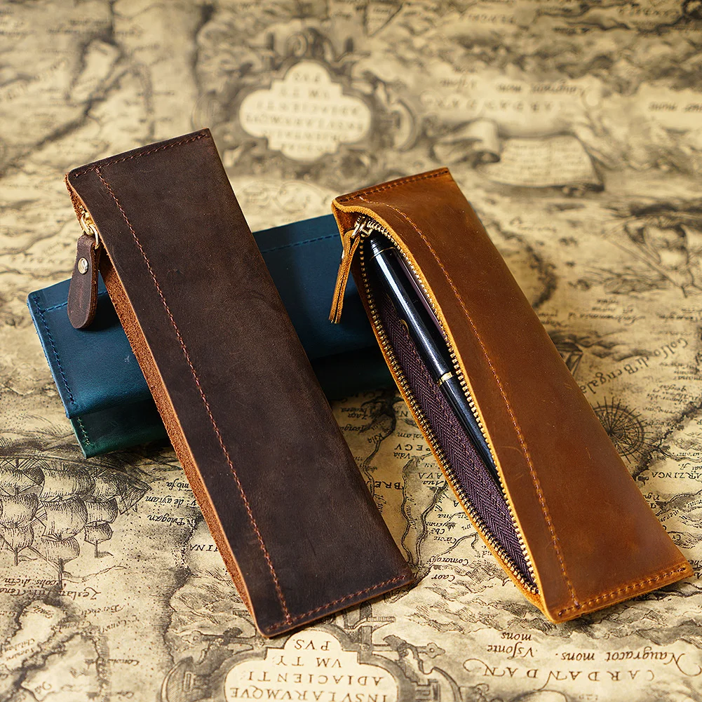 

Genuine Leather Handmade Zipper Pencil Case Retro Cowhide Pen Bag Unisex Men's Pen Pouch School Student Stationery Storage
