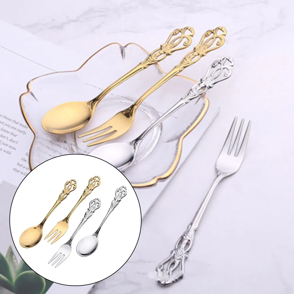 

1Pair Vintage Spoon Fork Cutlery Luxury Tableware Set Stainless Steel Fork Spoon Dinnerware Tea Coffee Spoon Fruit Dessert Fork