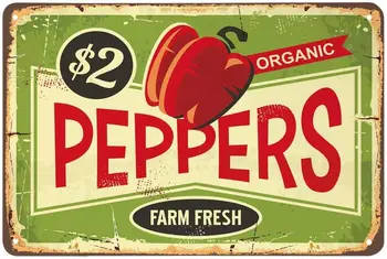 1d,AOYEGO Peppers Tin Sign,Farm Fresh Organic Food Vintage Metal Tin Signs for Cafes Bars Pubs Shop Wall Decorative Funny Retro