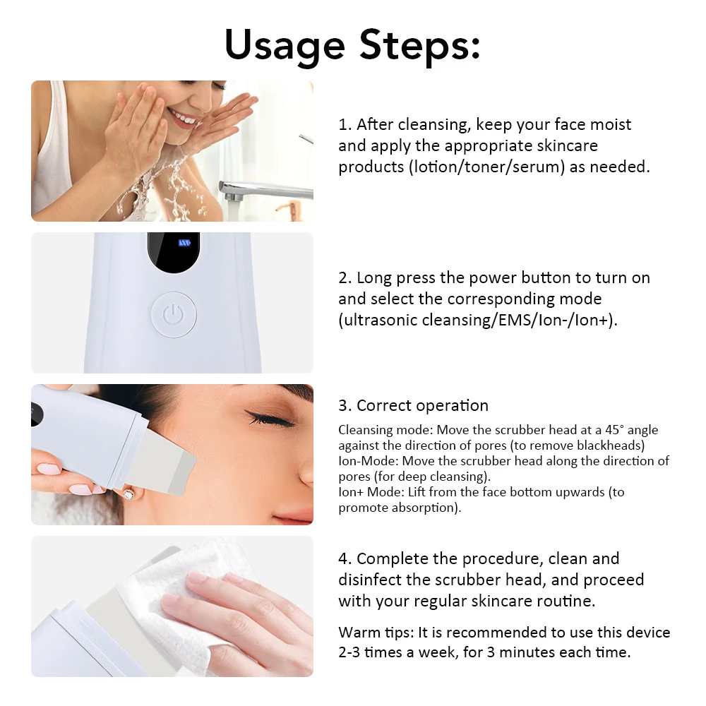 LED Ultrasonic Skin Scrubber Skin Lifting Tightening EMS Spatula Ion Deep Facial Pore Cleansing Machine Blackhead Remover