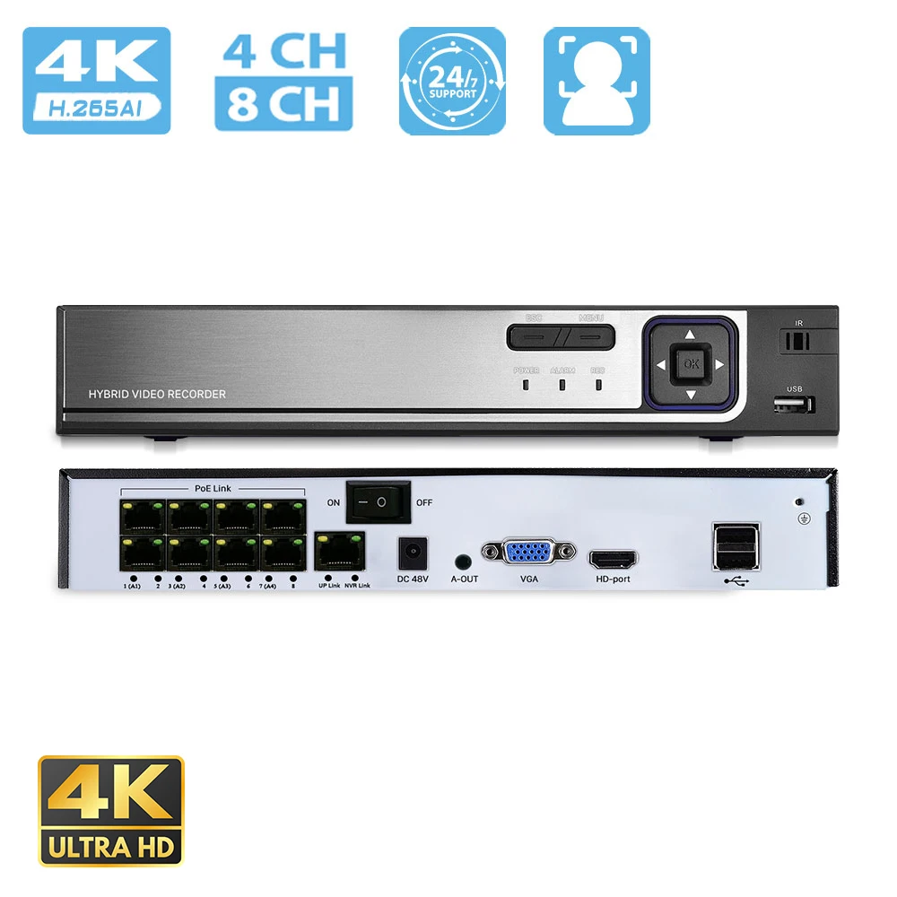 

BESDER 4K 8CH CCTV POE NVR Поддержка распознавания лиц H.265 Сетевой видеорегистратор Onvif 1 HDD Круглосуточная запись IP-камера Onvif Система P2P XMEye APP 5MP 4MP 3MP Сетевой видеорегистратор До 8 каналов для POE