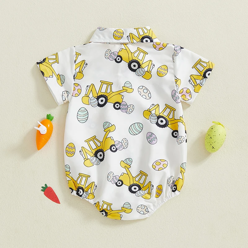 Baby Boys Easter Jumpsuit Short Sleeve Lapel Egg Excavator/Bunny/Bunny Egg Print Romper with Bow Necktie 3