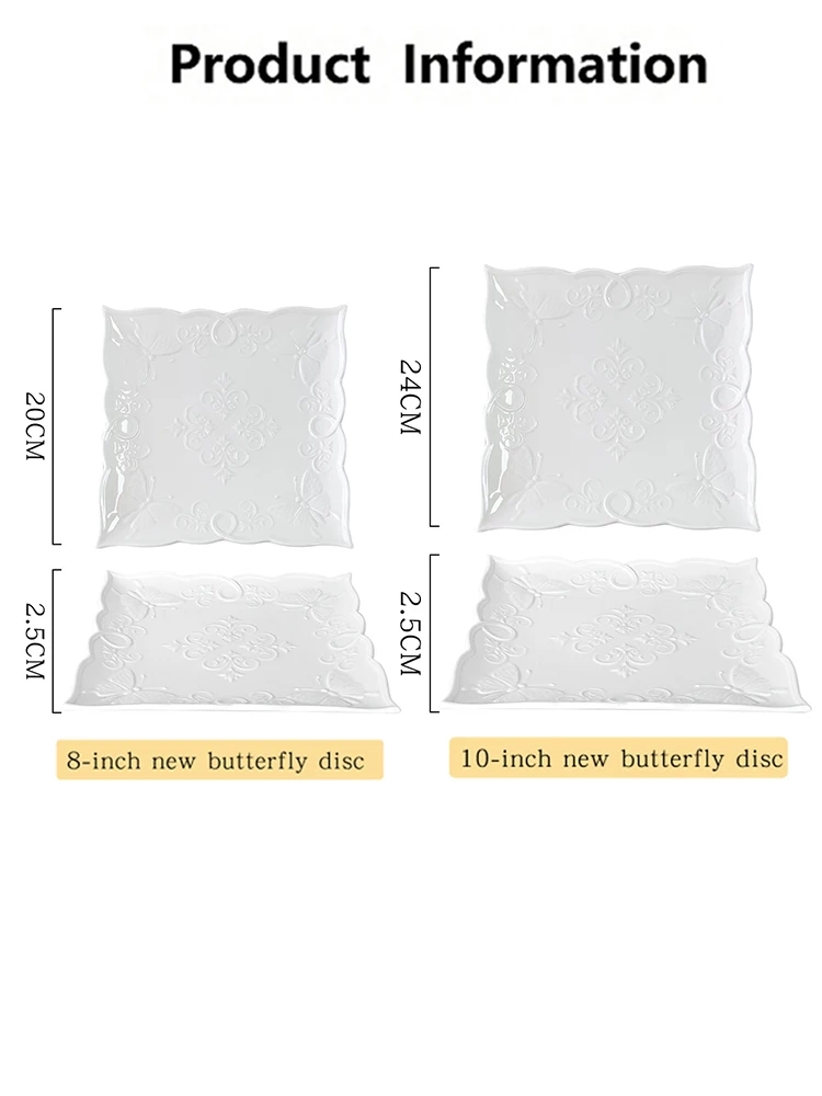 4Pcs Ceramic New Butterfly 8/10 Inch, Square Plate Evening Plate, Elegant Embossed Butterfly Pattern-Household Kitchen Utensil