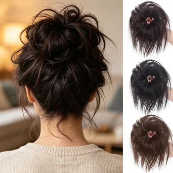 Chignon Sintetico Marrone Effetto Disordinato, Elastico per Capelli, Donut per Acconciature Pronte, Extension per Chignon Donna