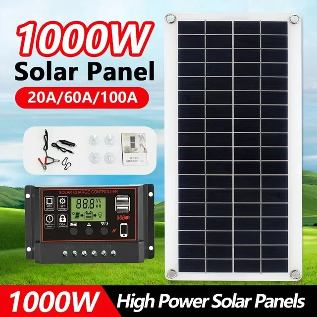 20W-1000W panneau solaire 12V cellule solaire 100A contrôleur panneau solaire pour téléphone RV voiture MP3 PAD chargeur batterie extérieure approvisionnement Camping 1