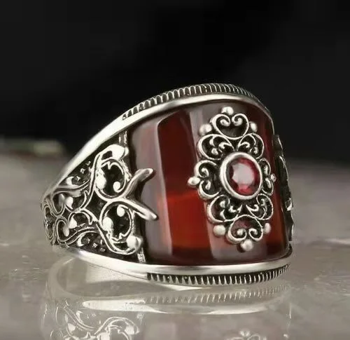 Turkish Handmade Silver Men Rings Vintage Carved Eagle Pattern Black Zircon Stone Punk Muslim Jewelry