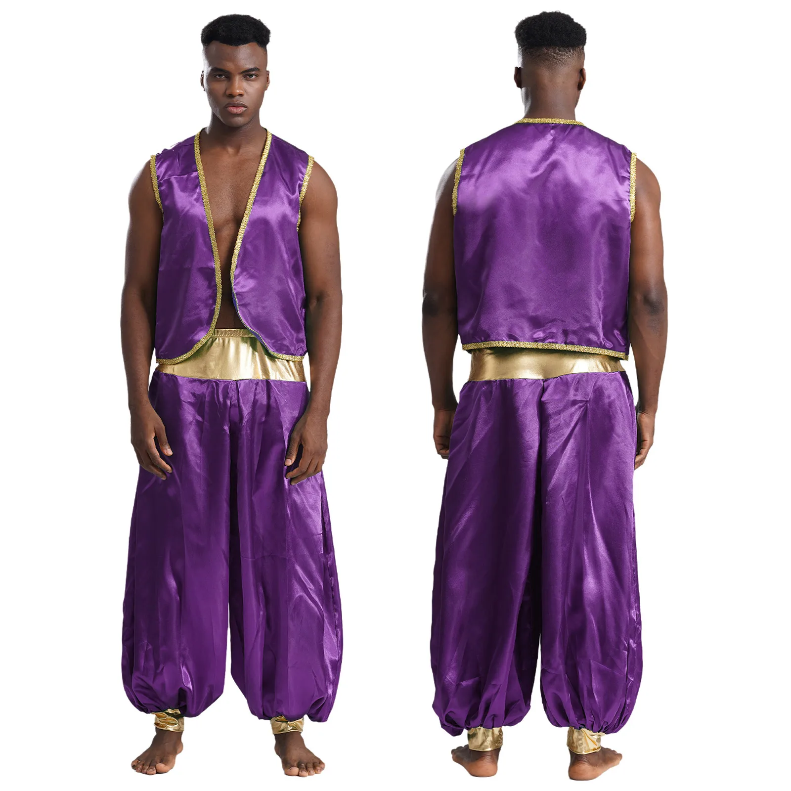 thumbnail image 1 of Disfraz de Príncipe árabe indio para hombre, chaleco antimanchas, chaleco curvo con ribete dorado brillante, frente abierto, pantalones largos con farol, 1 of 5