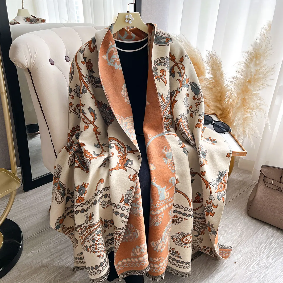 New Winter Luxury Women Two-Sided Paisley Jacquard Scarf Cashmere Warm Shawl Outdoor Coldproof Windproof Blanket Pashmina Scarf