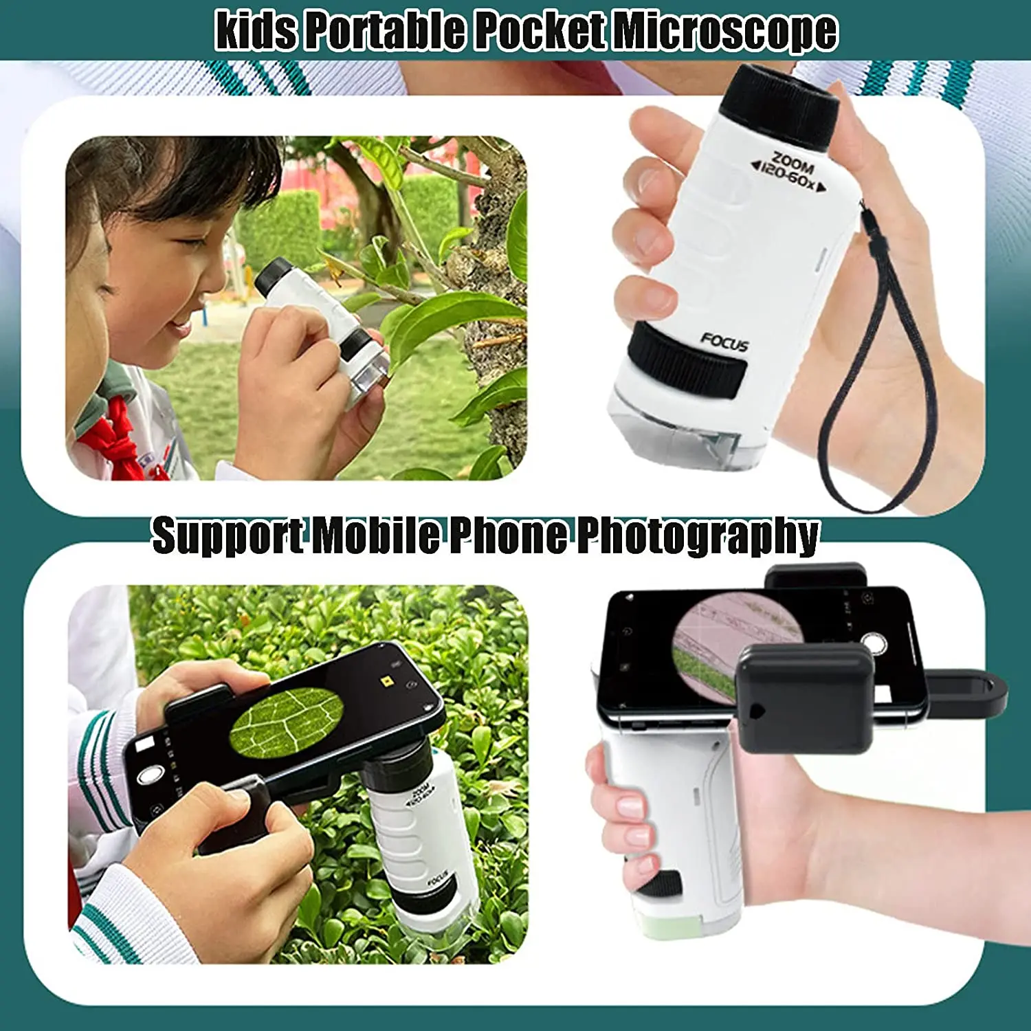Portable Microscope Kit for Kids with LED Light and Adjustable Zoom