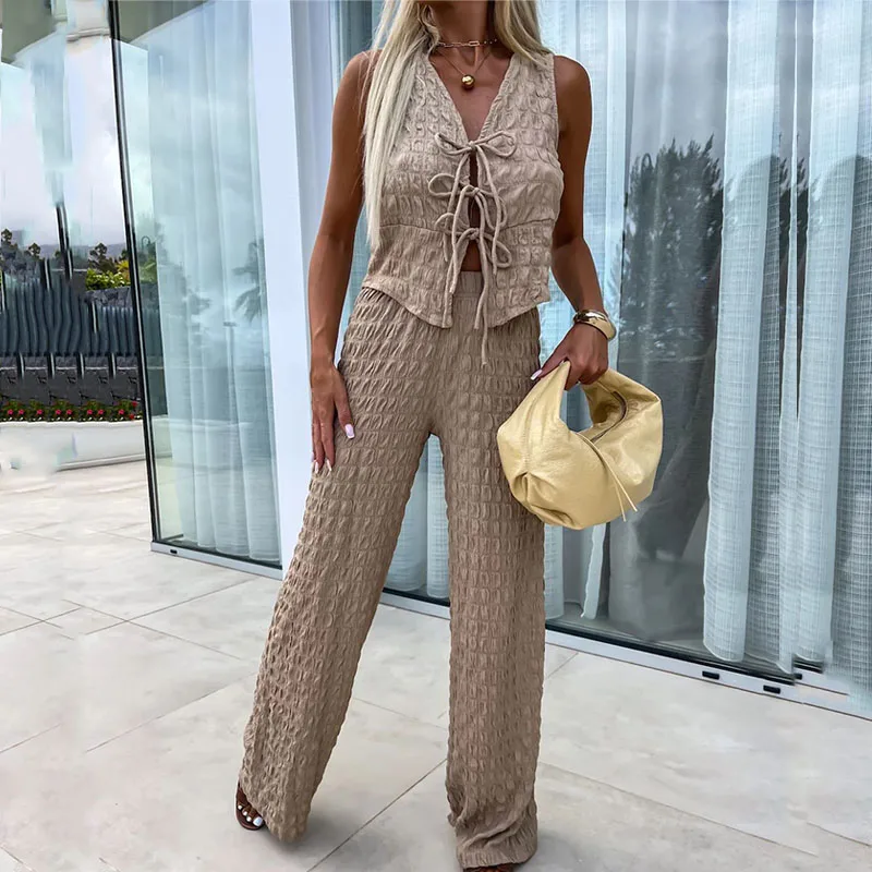 

Female Solid Color High Street Set Fashion Sleeveless V Neck Lace-up Blouse+Long Pants Suit Summer Casual Vacation Beach Outfits