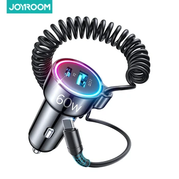 Joyroom Fast USB C Car Charger, 55W 3-Fast Port Super Quic Car Charger PD& QC3.0 with 1.5m 30W Super Fast Type C Coiled Cable