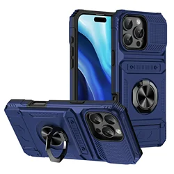 Premium Shockproof Wallet Case with Card Holder & Magnetic Rotating Kickstand for iPhone 17 18 Pro Max (Blue)