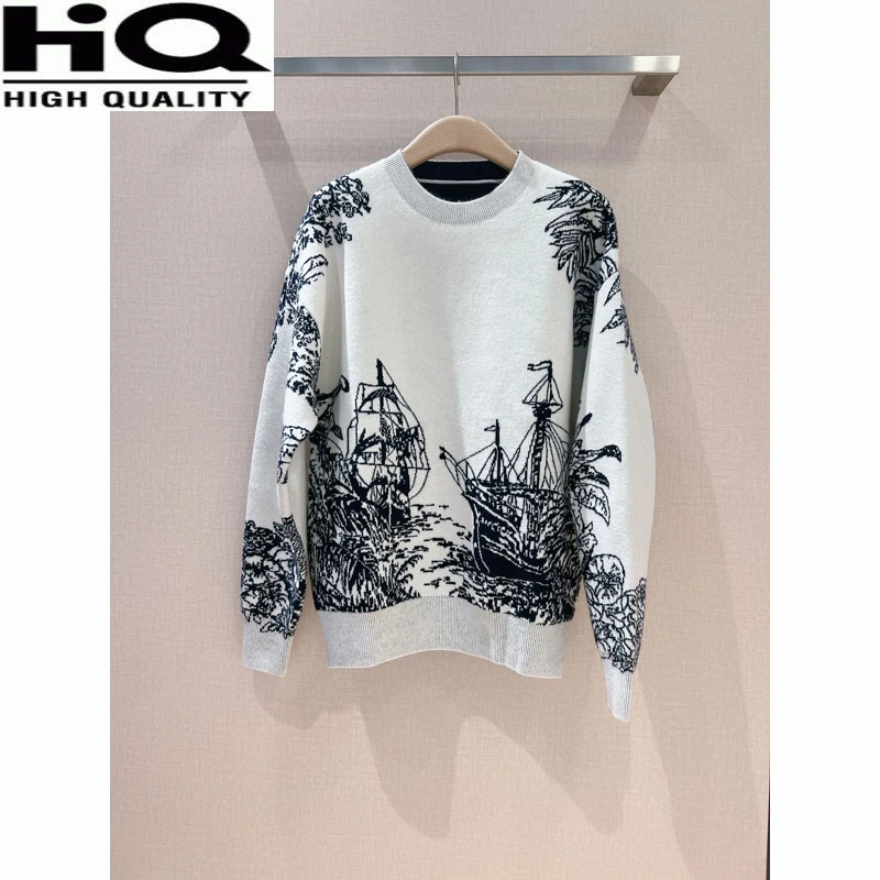 

Women Fashion Ship Jacquard Pattern Crew Neck Loose Knitted Pullover Sweater