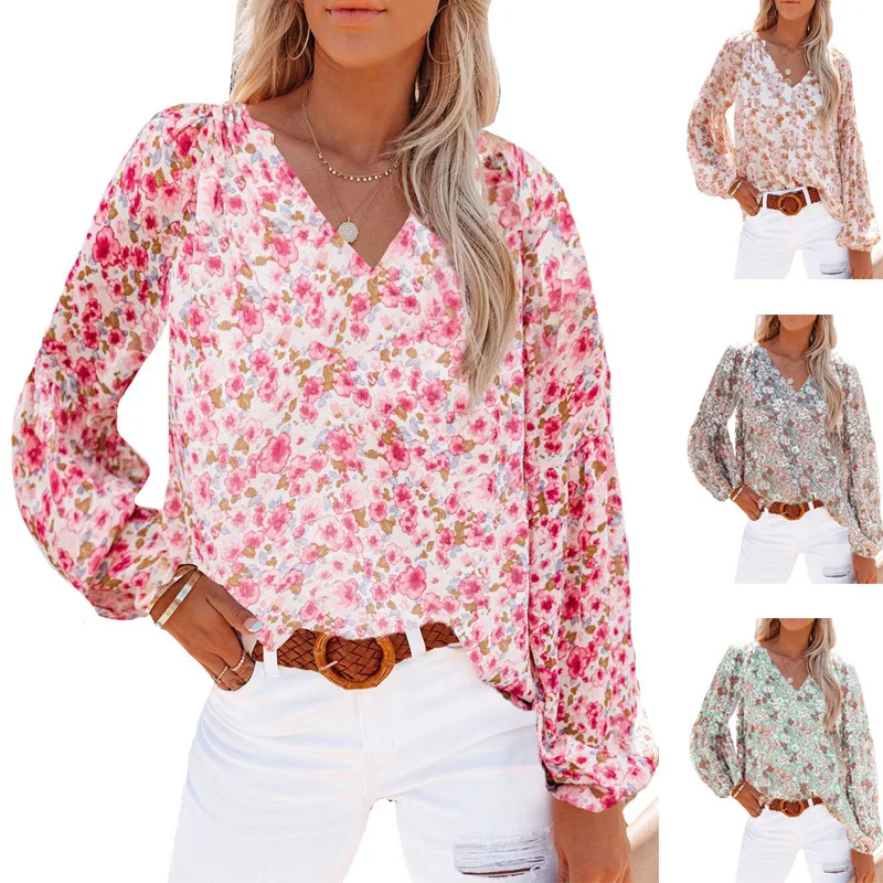 

2023 New Spring and Summer Women's T-shirt V-neck Chiffon Top Fashion Casual Lantern Sleeve T-shirt Floral Top