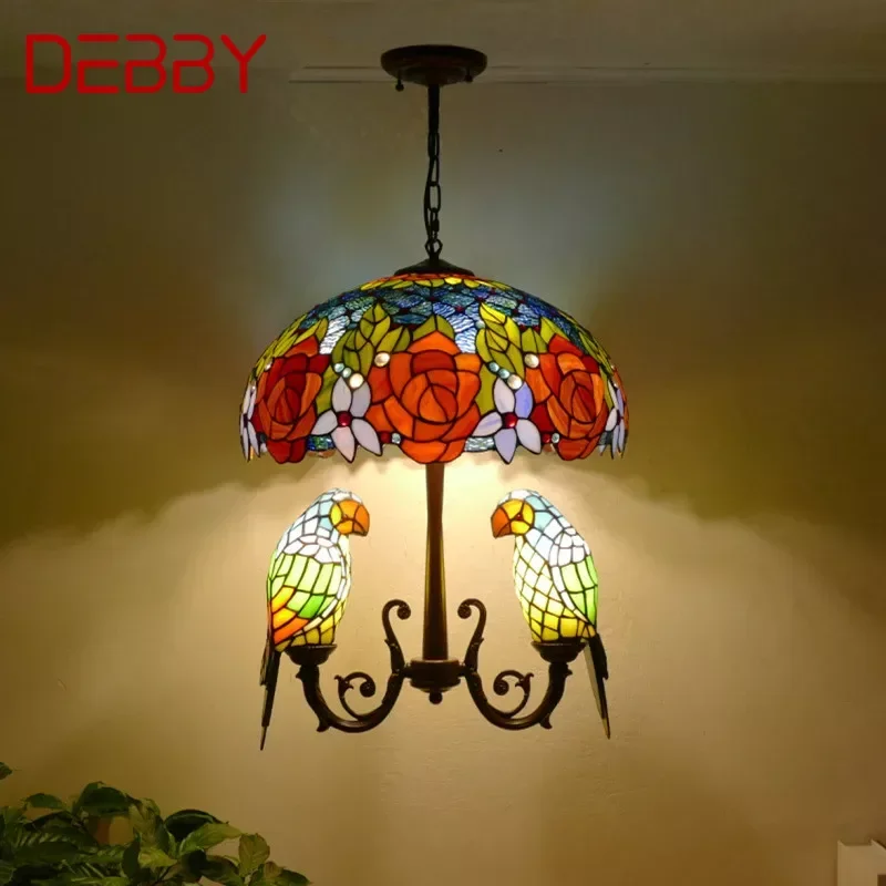 

DEBBY Tiffany Parrot Chandelier Vintage Creative Color Glass Living Room restaurant Bedroom Hotel Corridor Pendant Lamp