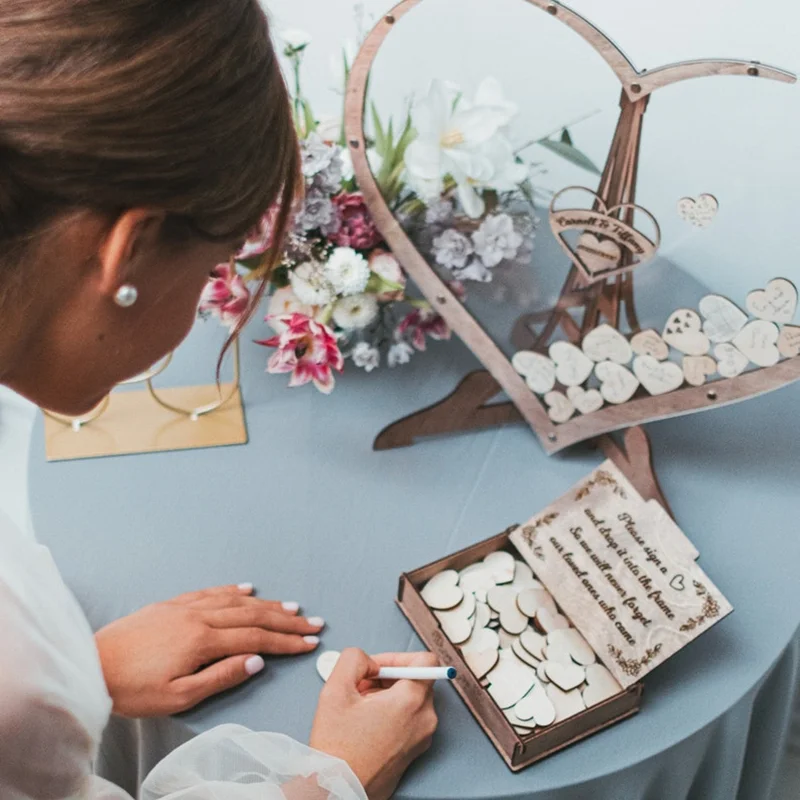 Wooden Sweet Heart-shaped Wedding Guest Book 3D Engraved Transparent Guest Drop Box Welcome Card Decorations