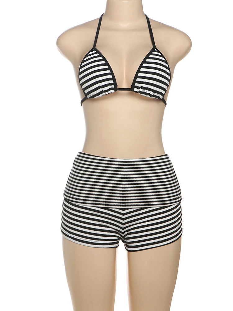 Nibber Summer Vacation Stripe Print Skinny Women 2 Piece Set Y2K Halter Bandage Bra Tops+Shorts Matching Beach Party Clubwear