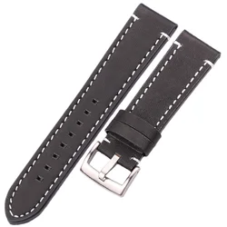 Vintage Smooth Genuine Leather Watch Band Strap with Silver or Black Buckle in Multiple Sizes and Colors - 22mm (Black silver buckle)