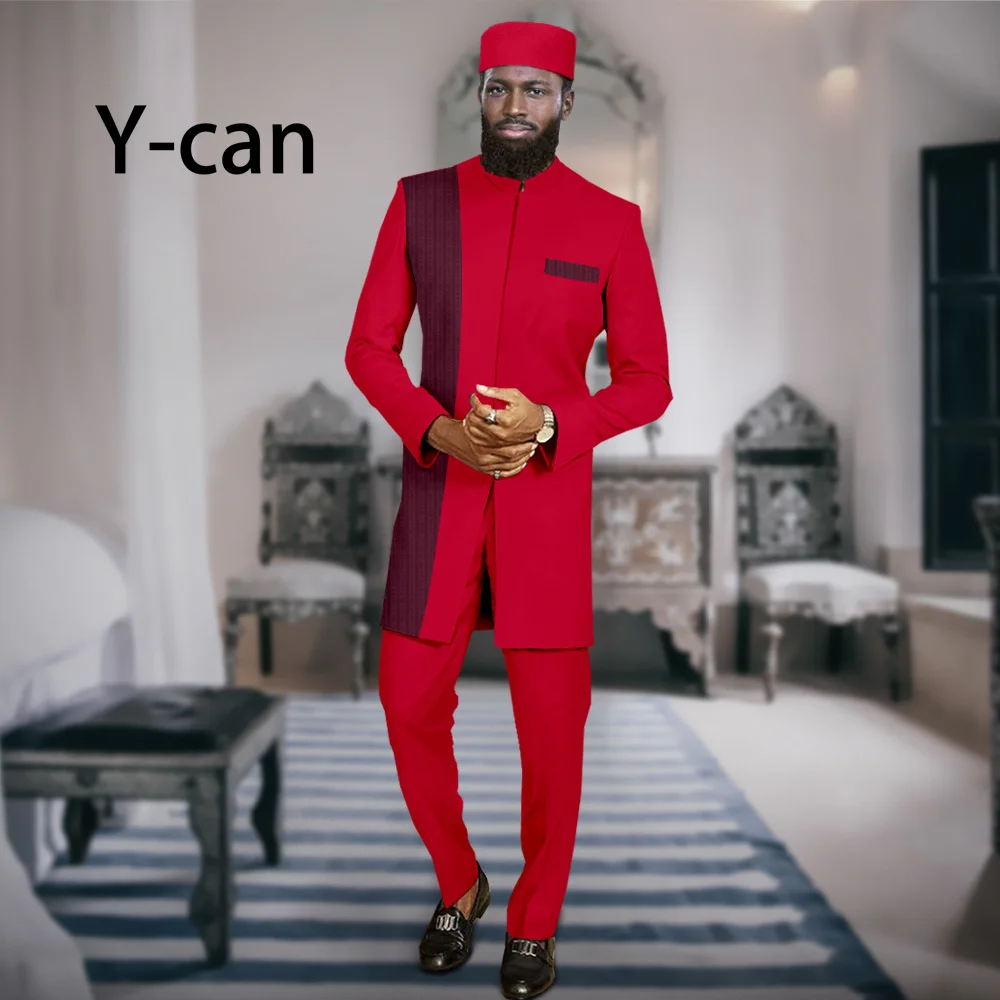 African Men Suits Slim Fit Set Spring Summer 3 Pieces Traditional Dashiki Wedding Jacket and Trousers Match Muslim Caps A2316067