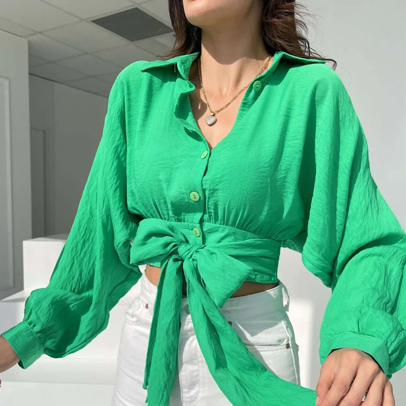 Spring Autumn Solid Color Loose Casual Lace Up Shirt Ladies Long Sleeve Streetwear Buttons Top Women Fashion All-match Cardigan