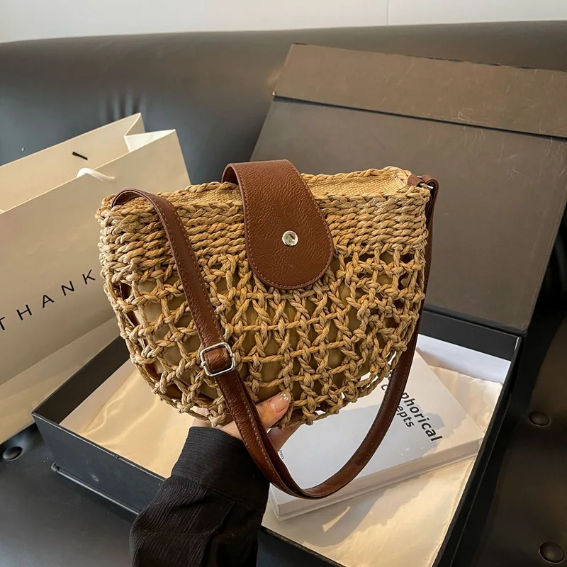 Summer versatile beach Instagram fashionable woven bag for women 2024 simple and casual grass woven bag crossbody bag original