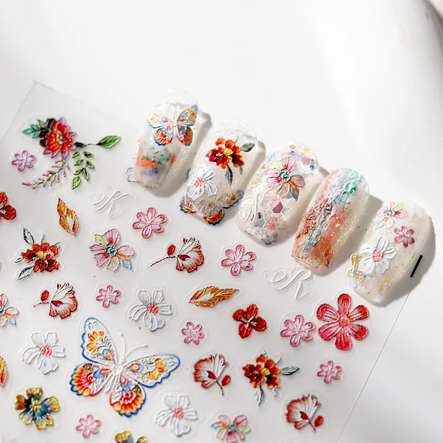 5D Relief Gorgeous Colorful Flowers Butterfly Complete In Beauty Adhesive Nail Art Stickers Decals Manicure Ornaments Suppliers 4