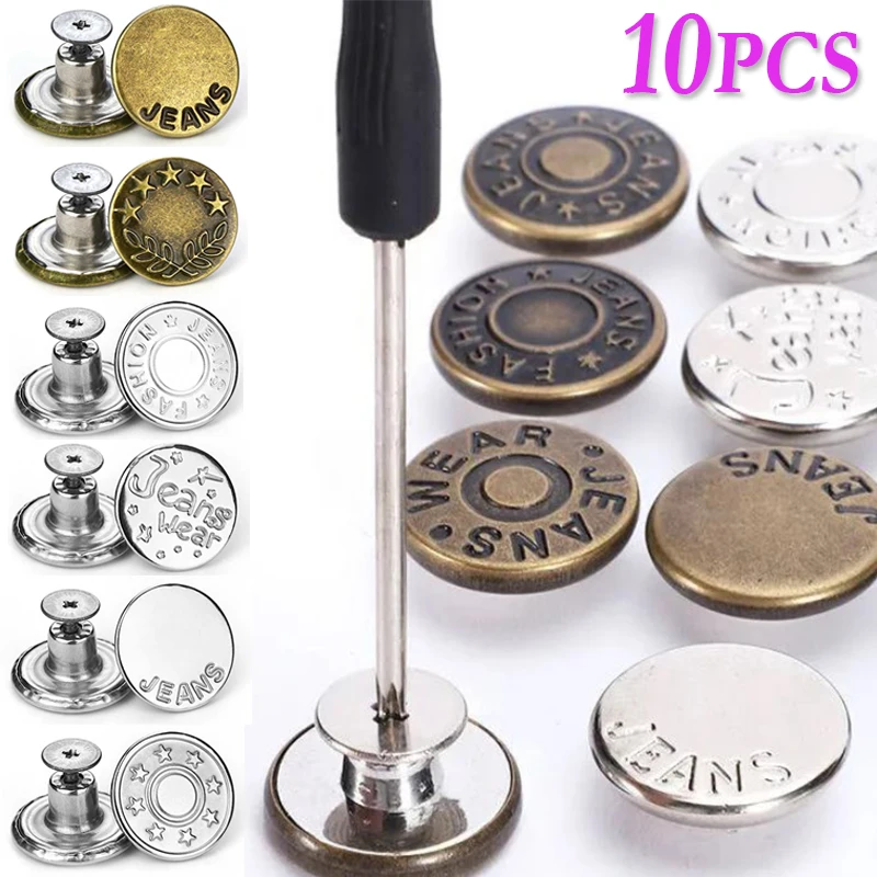 

10pcs Detachable Jeans Buttons Adjustable Free Waist Retro Metal Button No Sewing Pants Buckles Screw Nail Repair Kit Send Tools