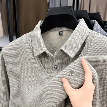 Brand Luxury Men's Plush Fake Two Piece Long Sleeve Knitted Sweater Winter New Solid Color Print Warm Fashion Business Menswear