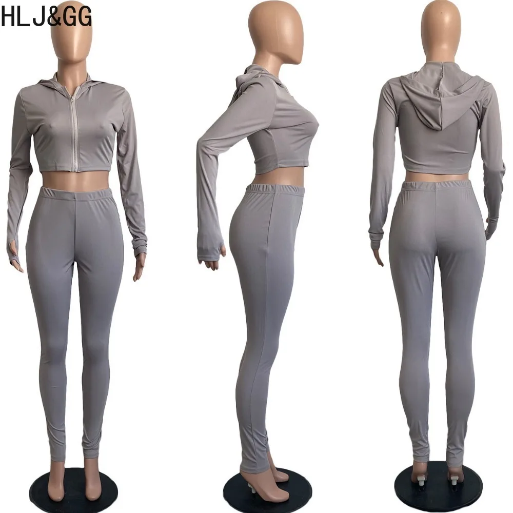 HLJ&GG Casual Solid Color Hooded Two Piece Sets Women Zipper Long Sleeve Crop Top And Skinny Pants Outfits Female 2pcs Tracksuit