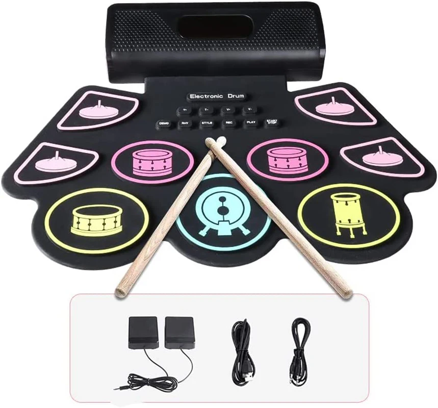 Digital Drum Set Silicone Portable Roll Up Electronic Drum Kit 9 Thickened Pad Built-in Speakers fo Beginner Kids Adult Practice