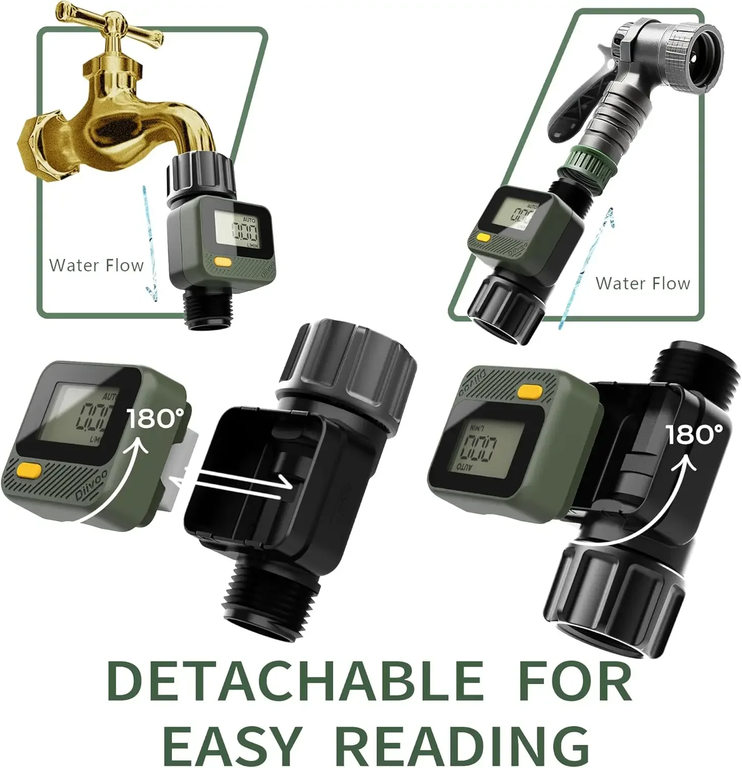 Diivoo Digital Water Flow Meter IP54 Highly Accurate Measurement of Water Consumption for Outdoor Garden Watering Tanks