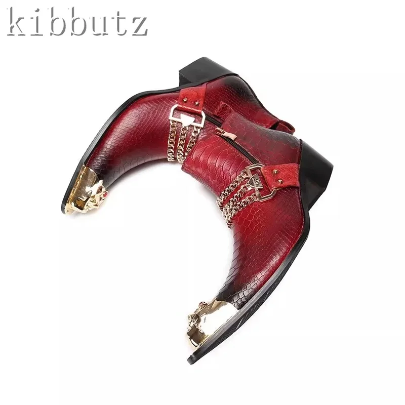 Man Genuine Leather High Heels Pointed Toe Boots Metal Capped Toe Chain Decoration Ankle Boots Fashion Party Wedding Shoes