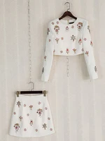 Iqj-مجموعات تصميم الماس بلصق أحادي اللون للنساء ، رقبة مستديرة ، أكمام طويلة ، معطف قصير ، تنورات عالية الخصر ، أنثى ، ربيع ، 36A130 1