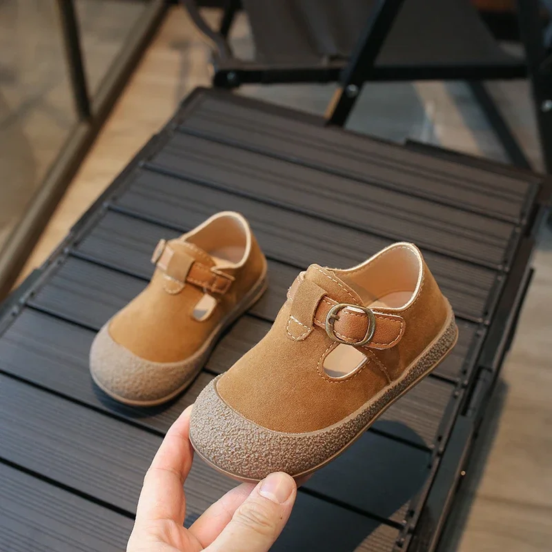 2024 Spring New Solid Color Simple Girls Soft Sole Mary Jane Shoes Baby Anti Slip Fashion Children's T-Strap Leather Shoes Boys