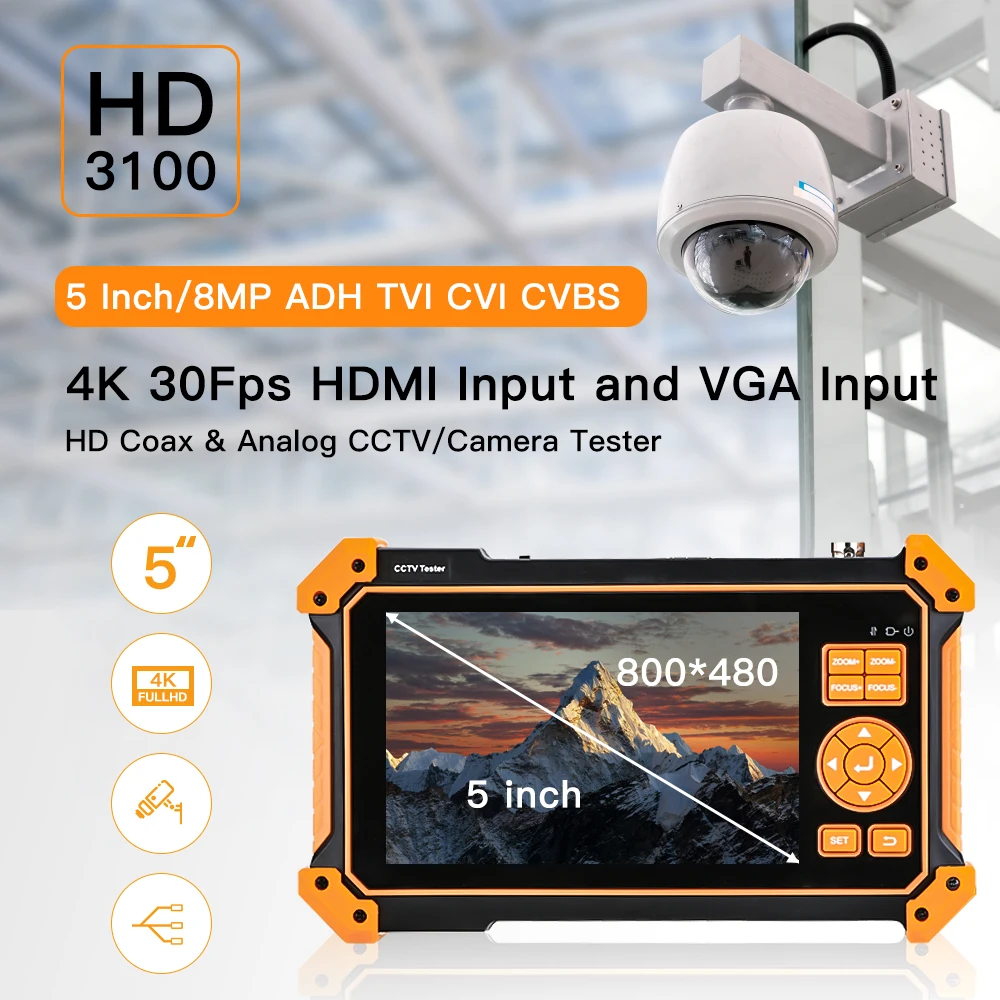HD Analog CCTV Tester Camera HD Coaxial 4K 8MP ADH TVI CVI CVBS Camera Tester with Cable Tester 5 inch TFT-LCD Screen Monitor
