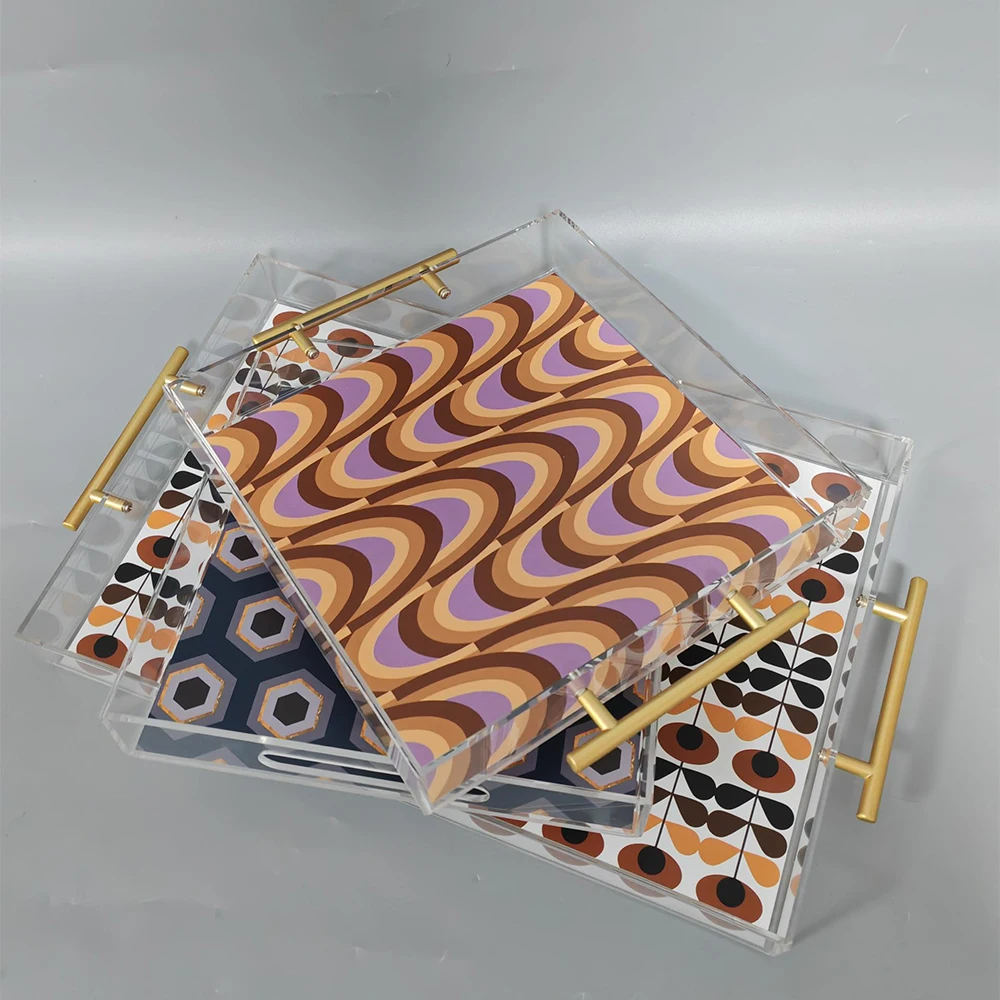 

Custom Acrylic Clear Printed Tray with Gold Handle Bottom Pattern Serving Tray