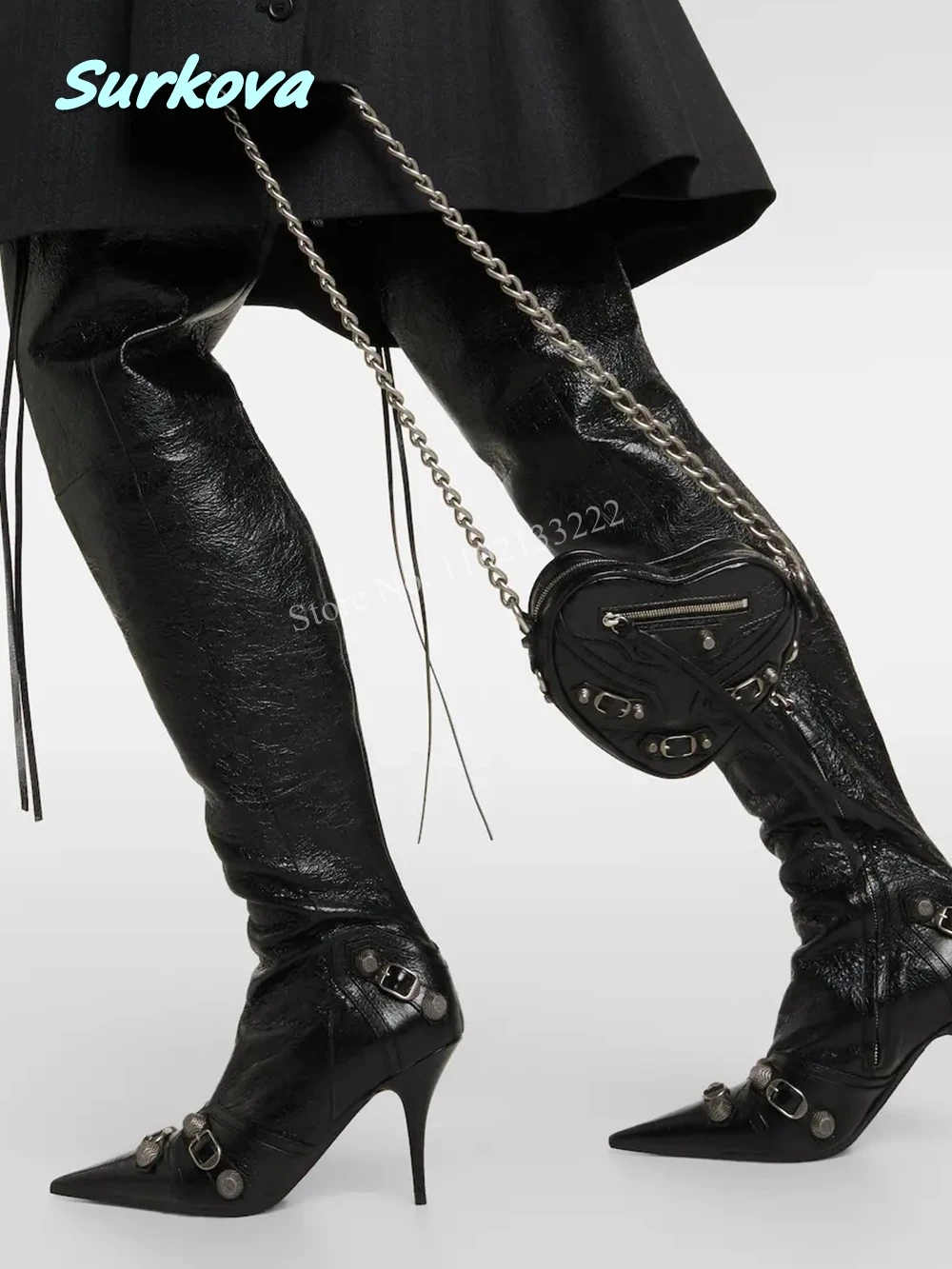 

Women's Black Studded Tassel Boots Over The Knee Plus Size Thin High Heel Newest Pointed Toe Side Zipper Fashion Party Shoes