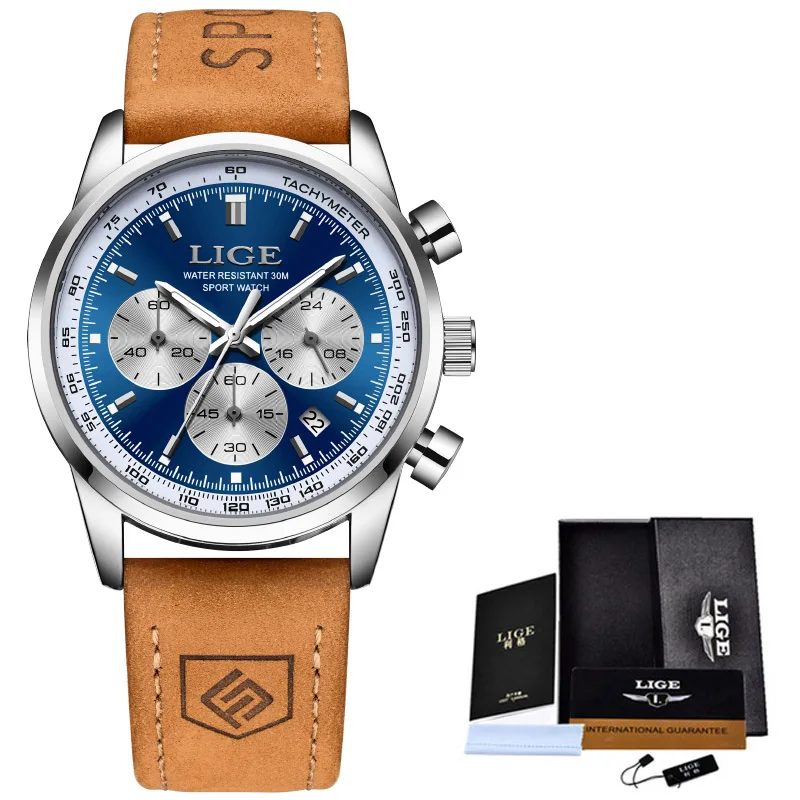 LIGE marka luksusowy męski zegarek moda wodoodporna chronograf zegarek świetlny dla mężczyzn skórzane zegarki kwarcowe Reloj Hombre