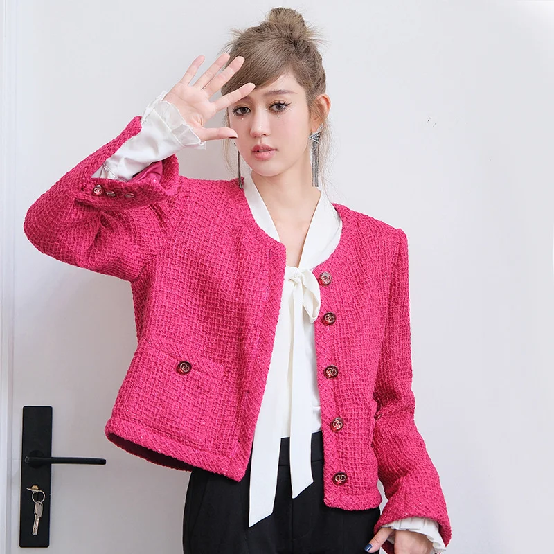 

Jackets New Teed Arrivals Pink for Women 2023 Autumn Winter Korean Style Elegant O-neck Short Jaqueta Feminina Wool Coats