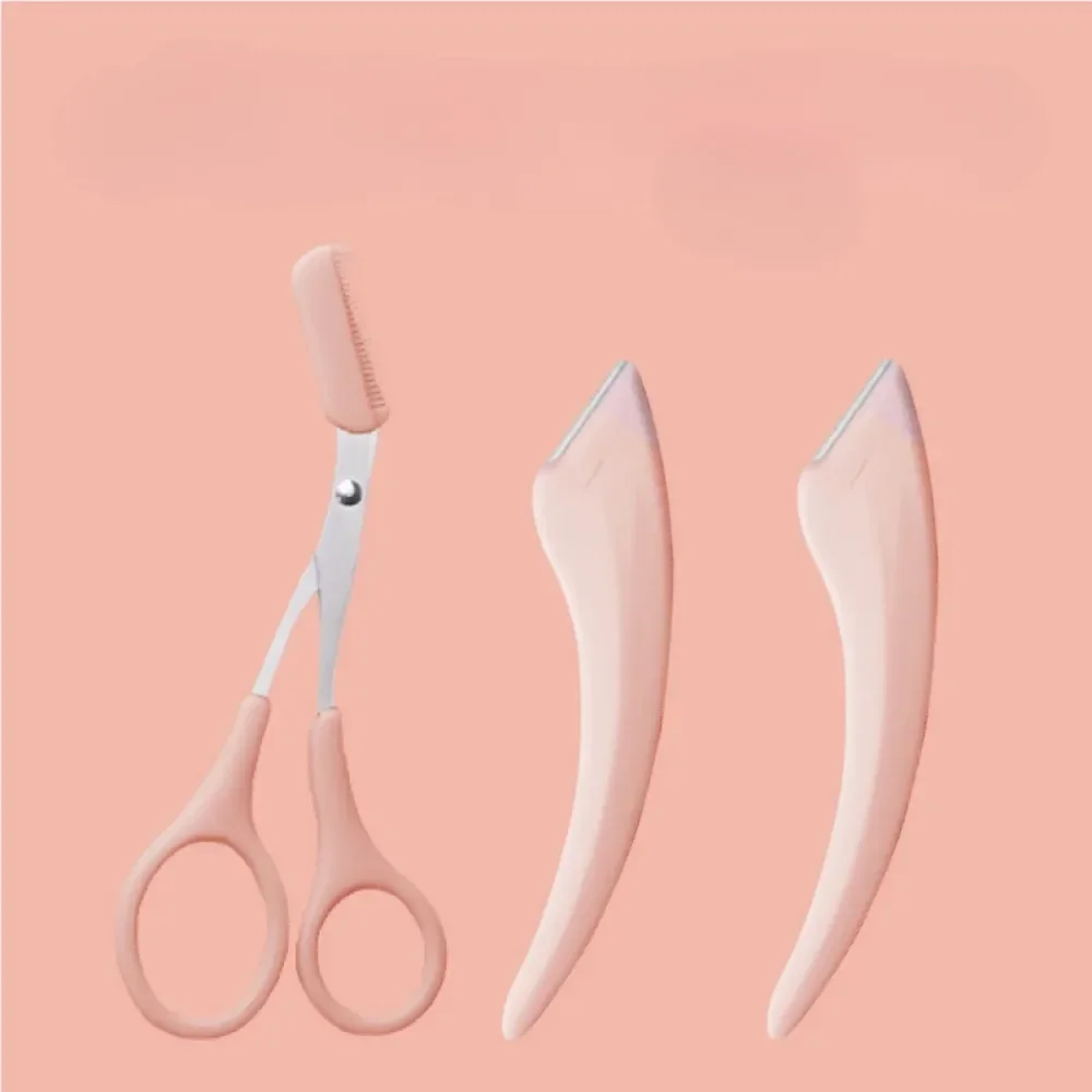 Stainless Steel Eyebrow Trimmer Set 2PCS Portable Eyebrow Scissors with Comb Brow Knife Hair Removal Razor Facial Makeup Tools